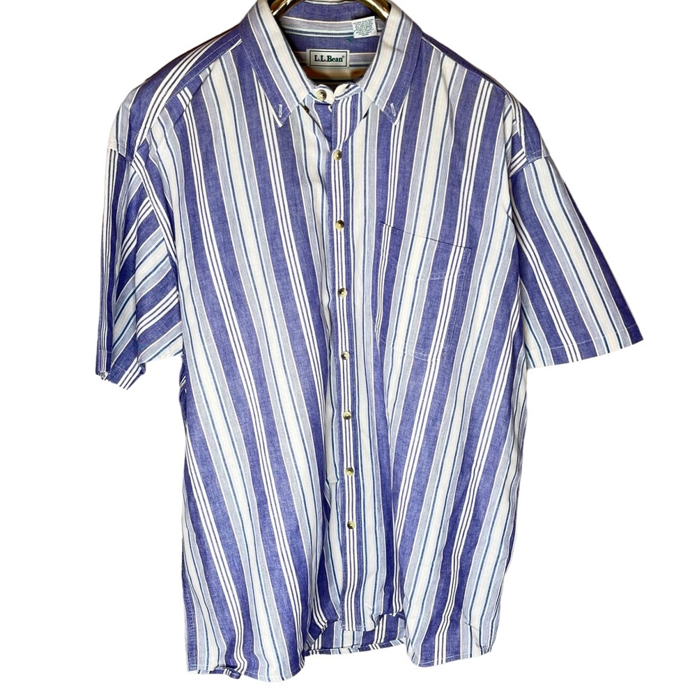 Vintage LL Bean Mens Short Sleeve Shirt XXL Tall Blue and White Stripes